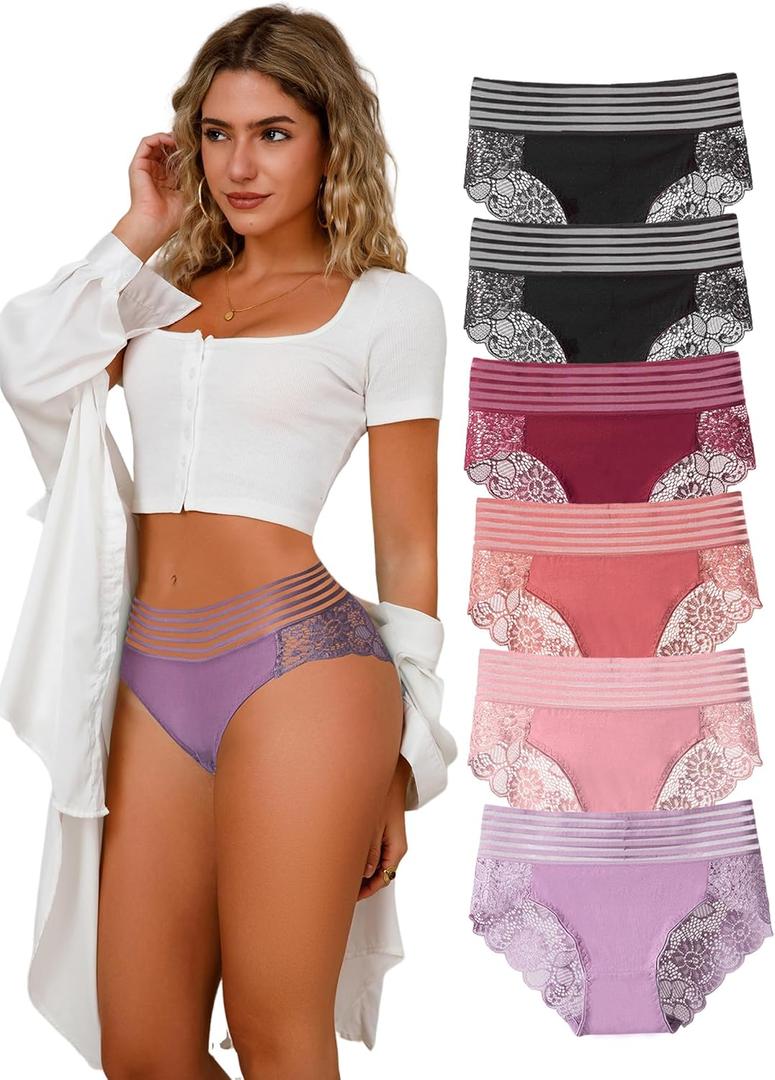 Lace Sexy Undies for Women Stretch Full Coverage Control High Waist Cheeky Top Panties XL (6pcs-Black*2/Red/Pink/Lilac/Light Brown)