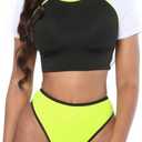 Women's Short Sleeve Swimsuit High Waisted Bikini Neon Bathing Suits Thong Triangle Swimwear Rashguard (16) S