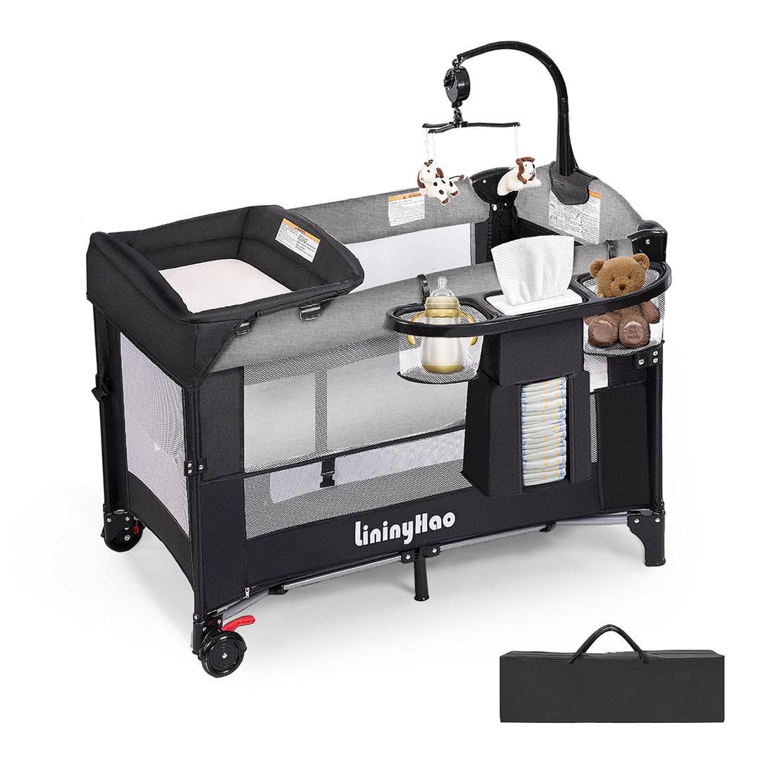 4 in 1 Height Adjustable Baby Playard, Foldable Nursery Center with Music Box Toy Rack, Side Storage, Changing Table, Large Portable Playpen for Newborns and ToddlersGray (black)