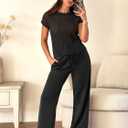 ANRABESS Women Two Piece Outfits Crochet Sheer Knit Sweater Top Wide Leg Pants Lounge Matching Sets Sweatsuit Travel Clothes (S)