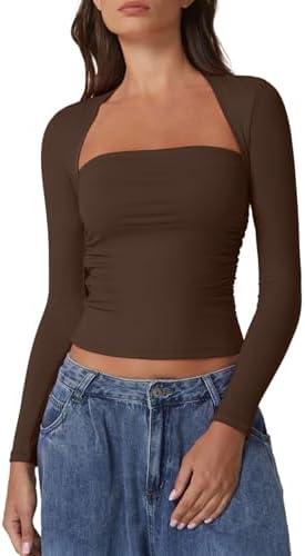 QINSEN Long Sleeve Square Neck Tops for Women Double Lined Side Ruching Going Out Shirts Basic Tee, Medium