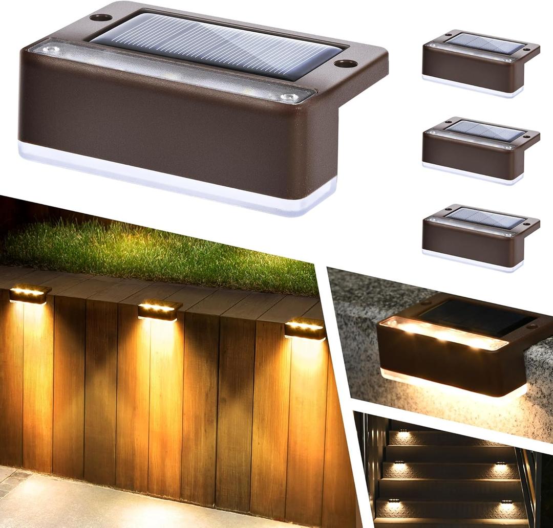SOLPEX Solar Fence Lights, 6 LEDs Solar Lights Outdoor Waterproof Solar Powered for Deck, Stair, Front Porch, Balcony, Walkway, Garden, Yard, Patio, Pool Decor, IP65 Waterproof (4 Pack, Warm White) (Brown)