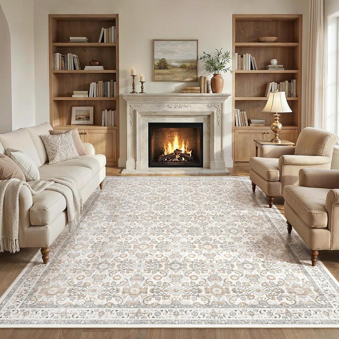 WITSHOCK 9x12 Area Rugs for Living Room: Washable Rugs Vintage Large Carpet for Bedroom Office Dining Room Nursery, Non Slip Stain Resistant Soft Thin Retro Floral Rug, Camel/Beige
