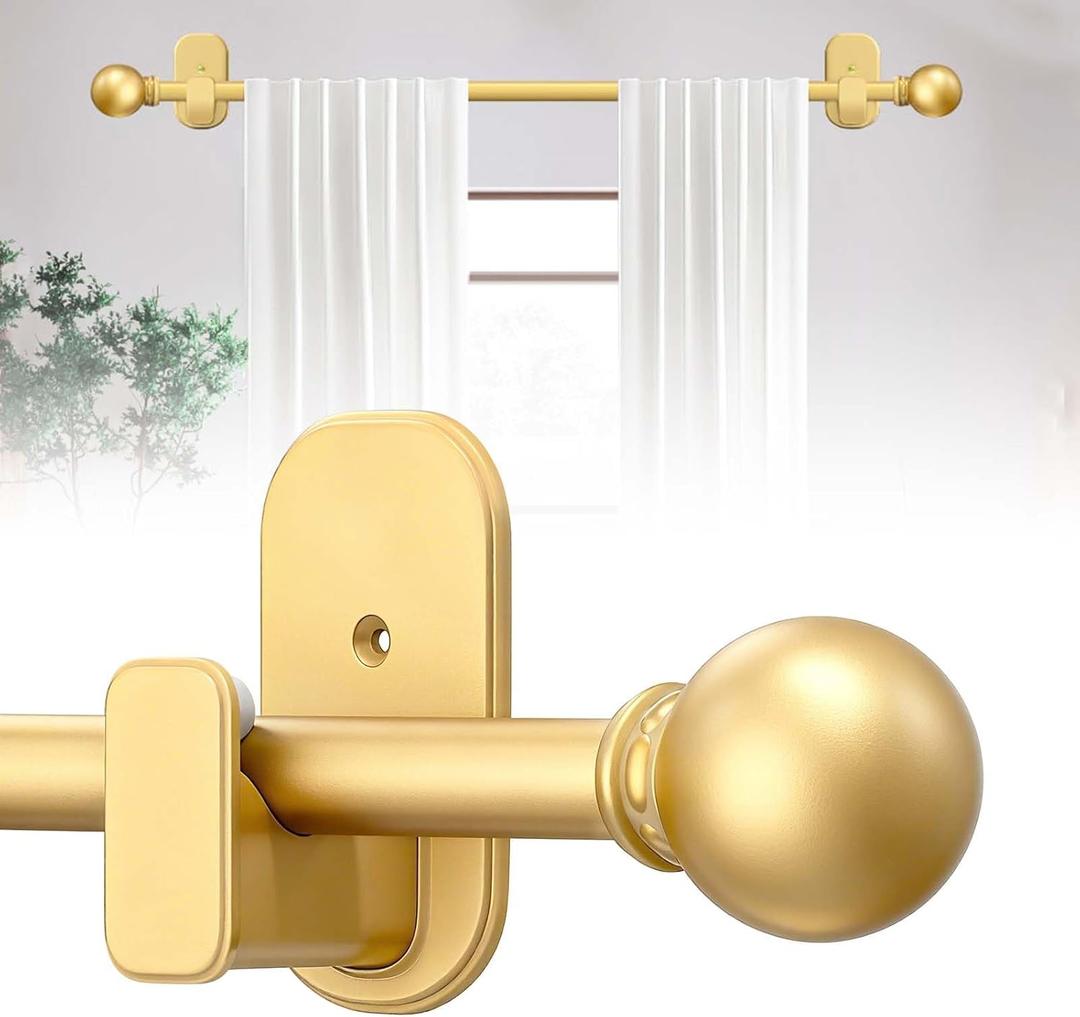 Curtain Rods No Drilling for Windows 32 to 60 Inch:No Drill Small Gold Curtain Rod with Adhesive Brackets for Bedroom,5/8" Apartment Renter Friendly Adjustable Drapery Rods Easy Install