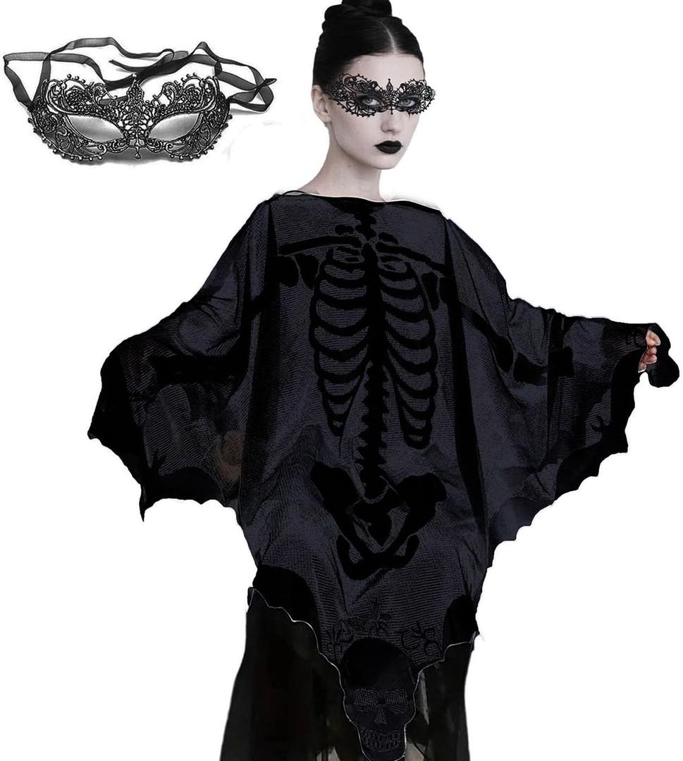 Halloween Costumes for Women Adult, Womens Skeleton Poncho with Lace Masquerade Eye Mask, Ghost Lace Cape for Halloween Party Cosplay Costume Accessories, Black