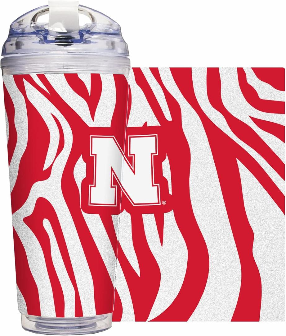 Rico Industries NCAA Glitter 24oz Acrylic Glitter Tumbler with Hinged Lid, Officially Licensed Double Wall Tumbler with Straw