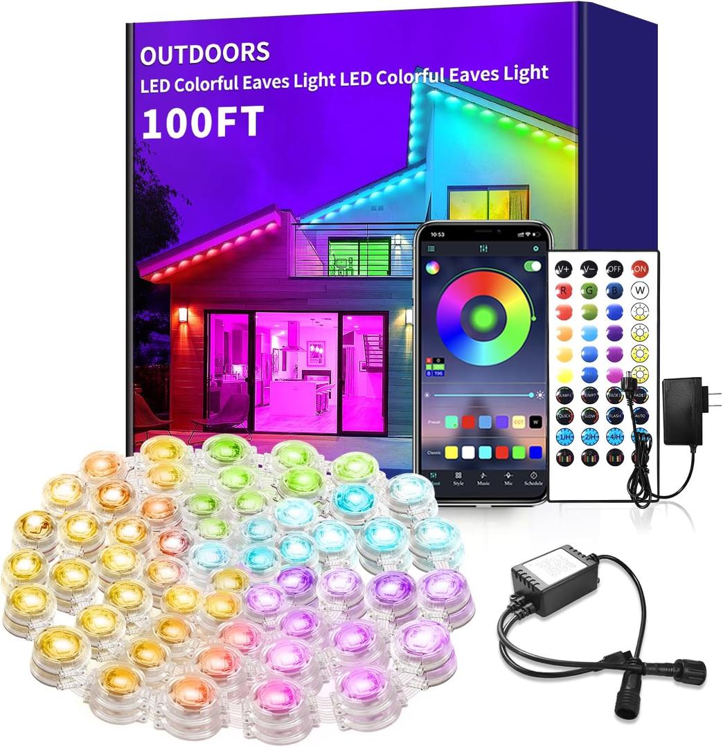 100ft Permanent Outdoor Light, RGB Smart Outdoor eave Lights with APP & Remote Control,timed Music synchronisation IP67 Waterproof LED eave Light,Suitable for Party,Halloween,Christmas,Rooftop,Garden