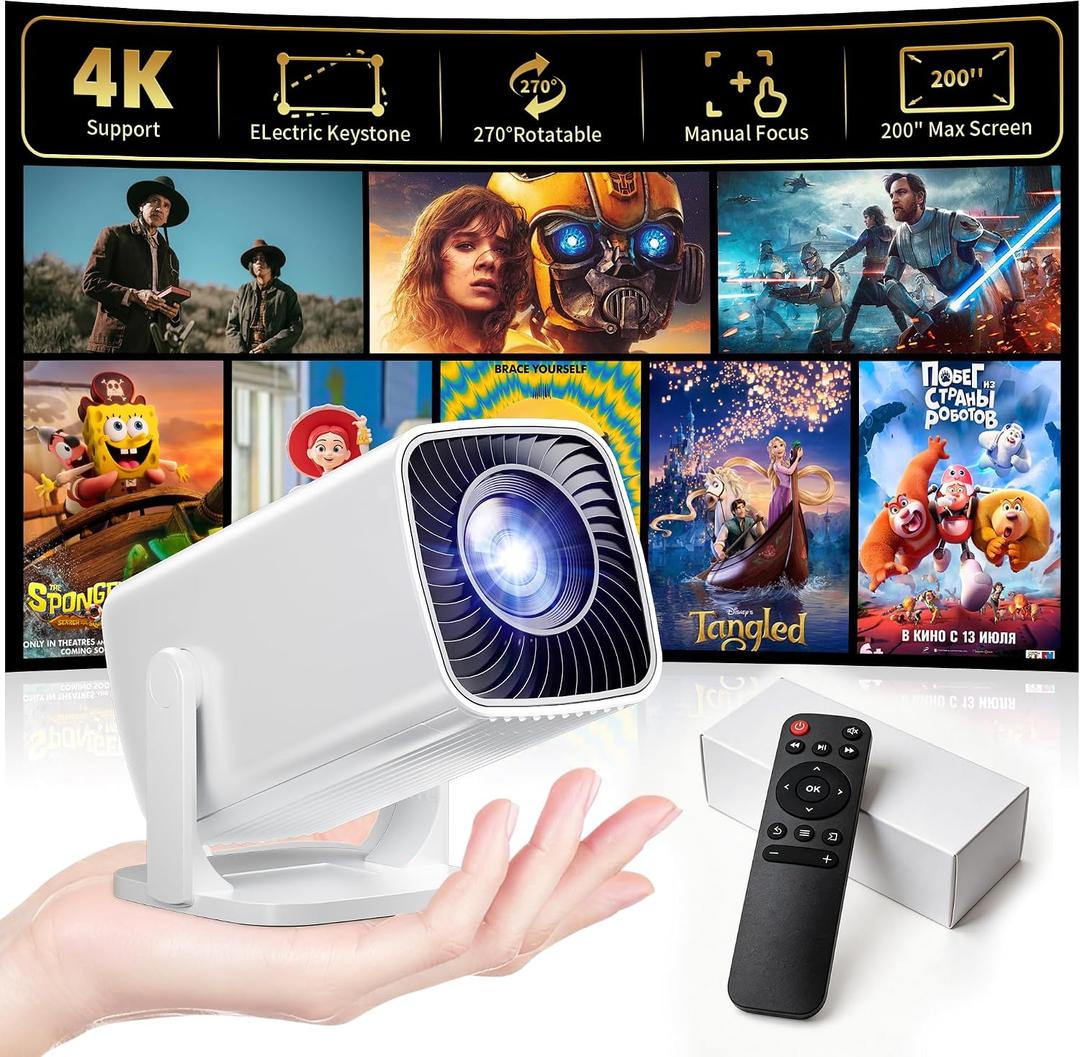 Mini Projector, Portable Projector 4K & Full HD 1080P Support, 270 Rotation Outdoor Projector, Movie Projector Compatible with Smartphone, TV Stick, Laptop, PS4, HDMI, USB