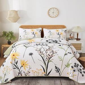 Dobuyly Sage Green Floral Quilt Set Queen Size, Yellow White Botanical Flower Quilt 3 Pieces Spring Bedspread Coverlet Set, Soft Lightweight Microfiber Bedding Set for All Season, 96"x90"