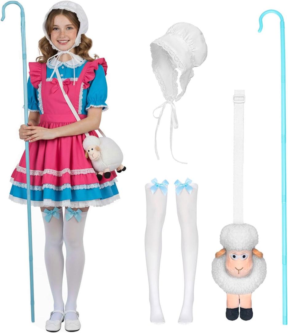 Adult Shepherdess Costume Set with Bonnet White Stockings With Blue Bow Plush Sheep Bag Shepherd's Crook (Bonnet+Stockings+Sheep Bag+Sheephook)