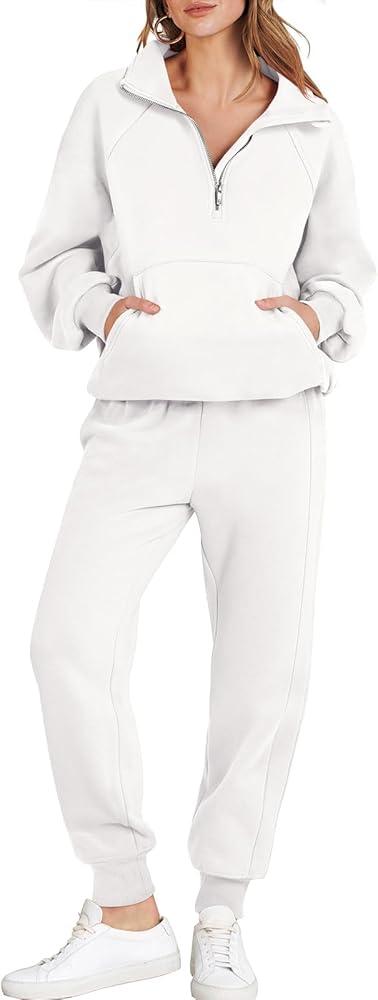 ANRABESS Women's Two Piece Outfits Long Sleeve 2024 Fall Half Zip Sweatshirt with Jogger Pants Lounge Sets with Pockets Small, White