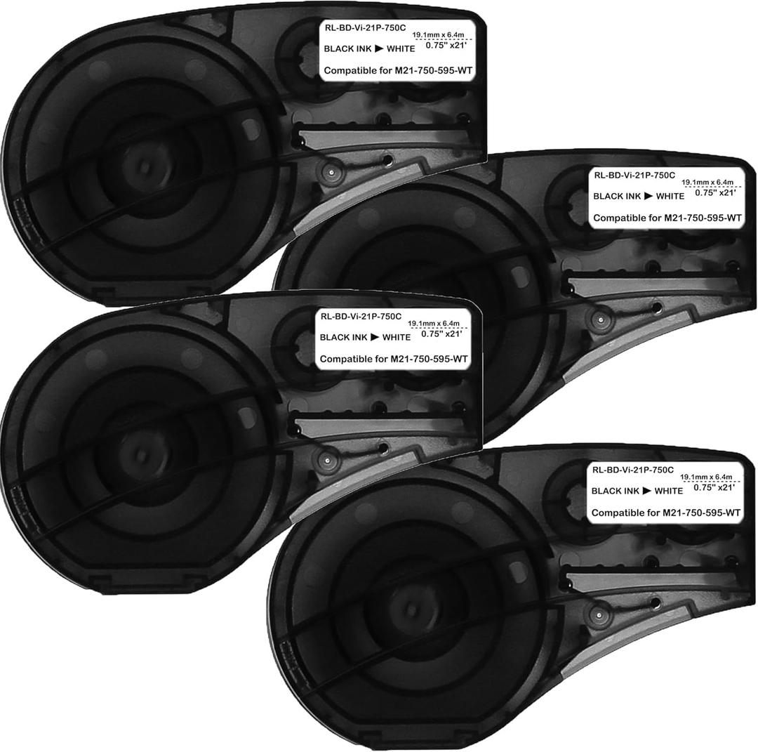 Compatible M21-750-595-WT Vinyl Label 3/4Inch Black on White, for M210, M210LAB, M211, BMP21-PLUS, BMP21-LAB Label Maker, for Indoor/Outdoor Labeling, Permanent Adhesion, 4-Pack