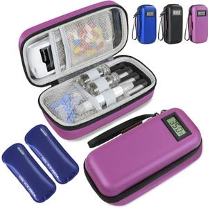 Insulin Cooler Travel Case, Portable Temperature Display Medicine Travel Cooler, Diabetes Case with 2 Reusable Ice Packs TSA Approved for Diabetic Supplies Patent Pending(Purple)