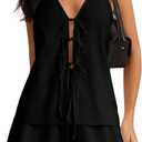 SHENHE Women's Sexy 2 Piece Outfits Linen Set Backless Halter Neck Tie Front Vest and Shorts Y2k Set, Small (Black)