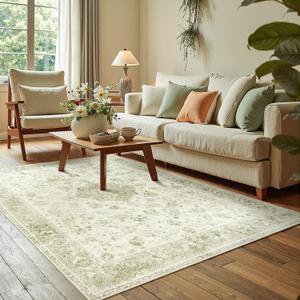 jinchan Washable Area Rug 4x6 for Living Room - Soft Thin Stain Resistant Non Slip Distressed Spring Floral Large Carpet for Bedroom Dining Room Home Office Nursery(Sage Grey, 4'x6')