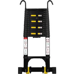Telescoping Ladder with Hooks, 19 FT, Stabilizer & Wheels, Black