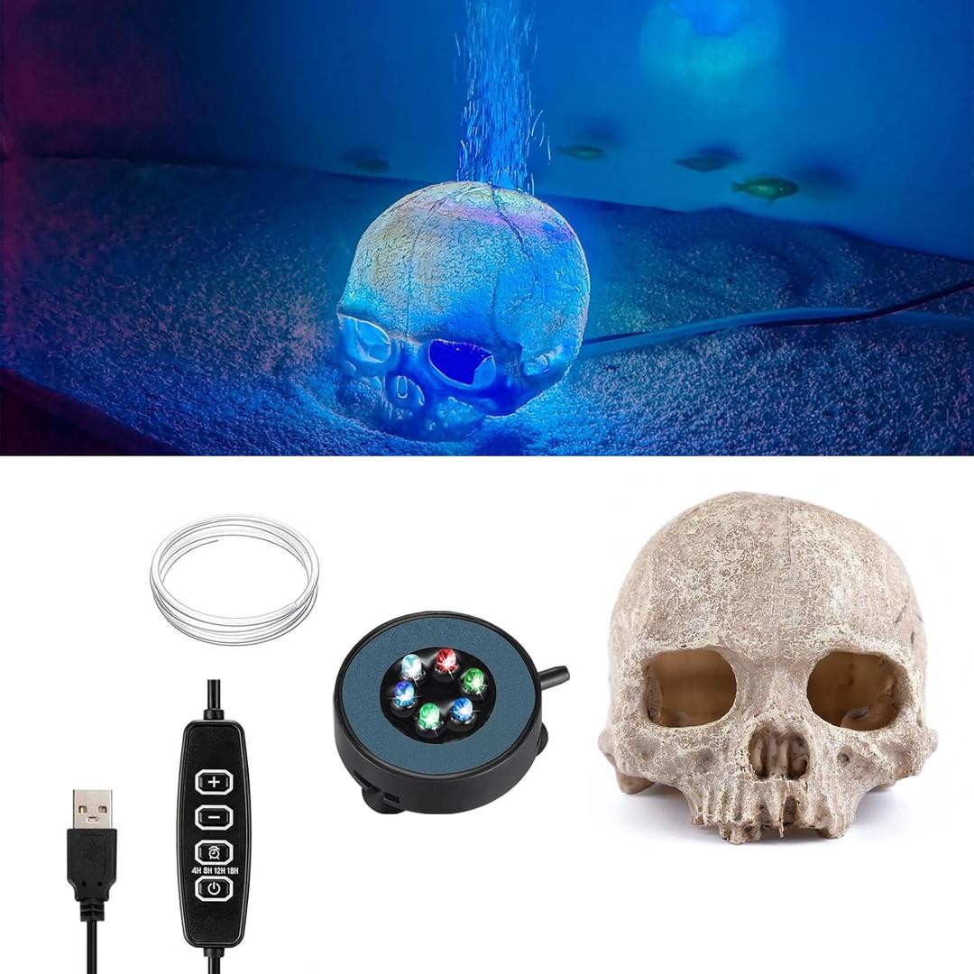 Carefree Fish Aquarium USB LED Light 2Inch Air Stone Timer with 3Ft SiliconeTubing Fish Tank Bubbler and Halloween Skull Deocr for Freshwater and Saltwater Fish TankNot Included Air Pump