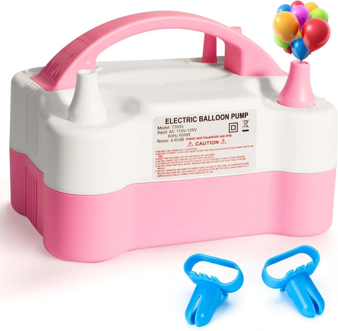 Balloon Pump Electric, Portable Automatic Dual Nozzle Inflator 110V 600W with Tying Tools for Birthday Gender Reveal Baby Shower Balloons Party Decorations (Pink)