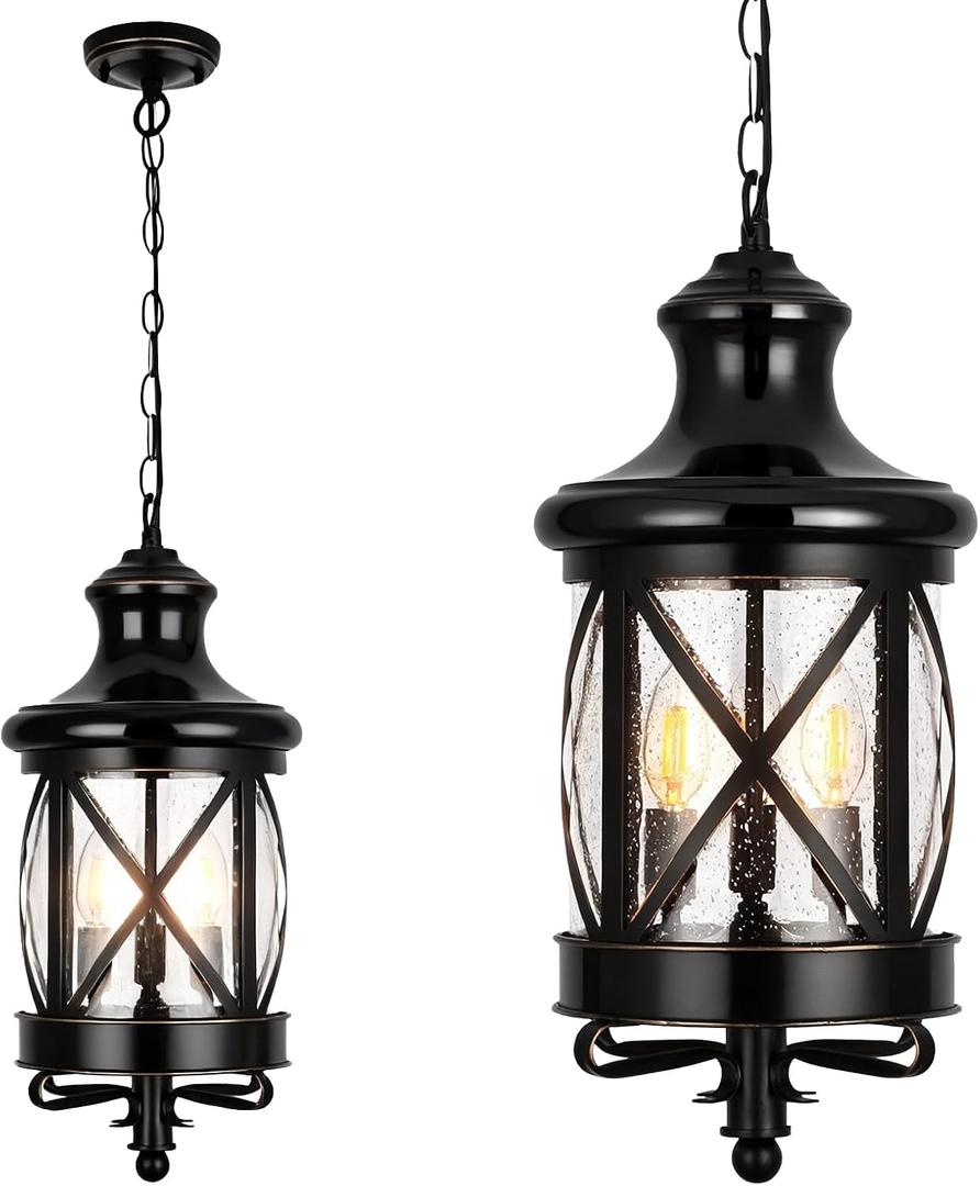Outdoor Chandelier for Porch, 3-Light Farmhouse Vintage Outdoor Pendant Light Lantern, Black Hanging Porch Ceiling Light Fixture with 3 E12 Sockets for Patio, Entryway, Gazebo