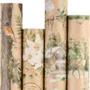 RUSPEPA Christmas Wrapping Paper Set, Jumbo Roll, Vintage Reindeer, Cabin, Bear and White Flower Design, Kraft Gift Wrap for Christmas, Holiday, Rustic Wedding, 4 Rolls, 30 inches x 10 feet per Roll