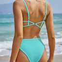 ZAFUL Women's One Piece Swimsuit Ribbed Open Back Bathing Suit Tummy Control Scoop Neck Adjustable Straps High Cut Swimwear (Green, XL)