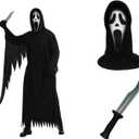 Scream Costume with Mask Knife Prop and Gloves, Scream Costume for Kids, Perfect Halloween Cosplay Dress-up Party-L1