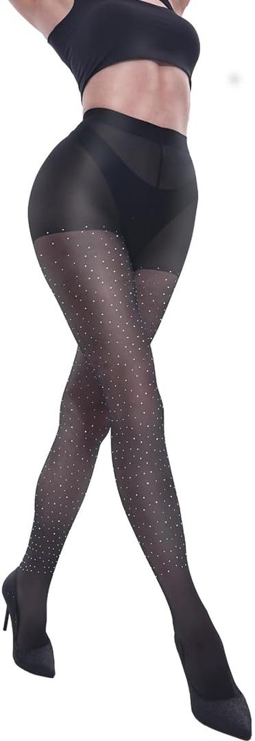 CharnmRose Sparkly Tights for Women High Waist Pantyhose Rhinestone Stockings Sheer Tights (Small-Medium, Black)