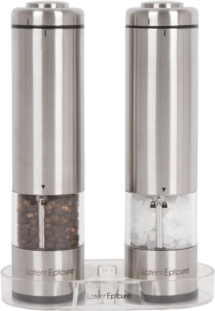 Electric Salt & Pepper Grinder Set  Battery Operated Stainless-Steel Mills & Shakers with Light, Adjustable Ceramic Grinders & Acrylic Rest Tray