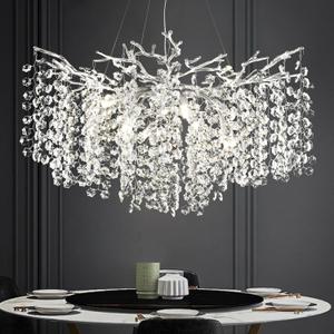 Modern Nickel Crystal Chandelier for Dining Room, Tree Branches Chandeliers for Living Room, 30" Round Dining Room Chandelier Over Table, Silver Chandeliers for Bedroom Bathroom Kitchen Foyer Entryway