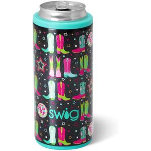 Swig Life Skinny Can Cooler, 12oz Insulated Slim Can Holder, Stainless Steel Cooler, Covers for Tall Beer Bottles, Beach Accessories for Women (Disco Cowgirl)