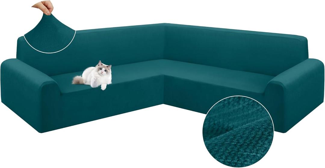 Arfntevss Velvet Sectional Couch Covers L Shape Stretch Sofa Cover Corner Sectional Slipcover Set Magic Thick U Shaped Sofa Covers Living Room Soft Furniture Protector (Teal Blue, Small)