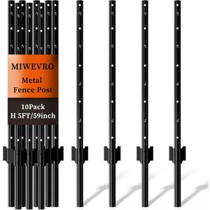 10 Pack Garden Fence Post, 5 Feet Heavy Duty Metal U-Post for Wire Fence, No Dig Garden Fence Stakes for Temporary Fencing, Electric Fence Wire, Corner Anchor, and More-Black