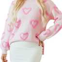 SELINK Women's Fuzzy Heart Sweater V Neck Pearl Drop Shoulder Casual Long Sleeve Valentines Sweaters Pullover Tops, S