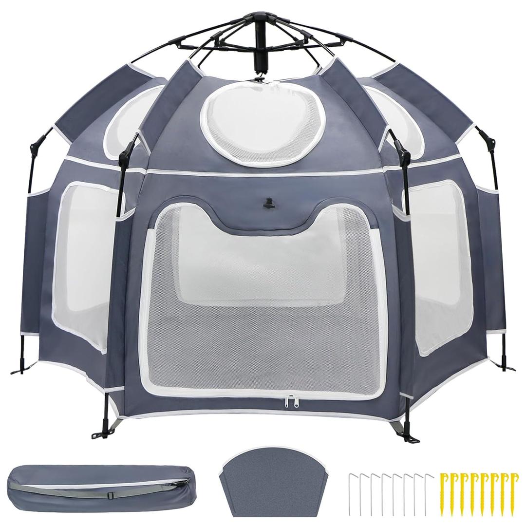 Baby Playpen with UV Canopy, Portable 1-Click Set Up Baby Tent, Toddler Play Yard for Indoor, Outdoor, Foldable Playpen for Beach, Camping, Home, Lightweight Versatile Kids Tent, with Travel Bag (Gray)