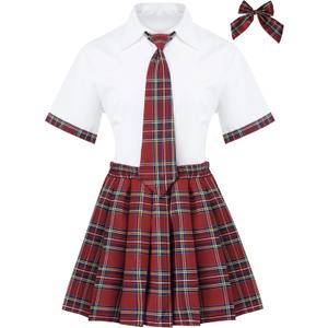 Women School Girl Outfits Set School Girl Costume Top With Mini Pleated Skirt (White, XL)