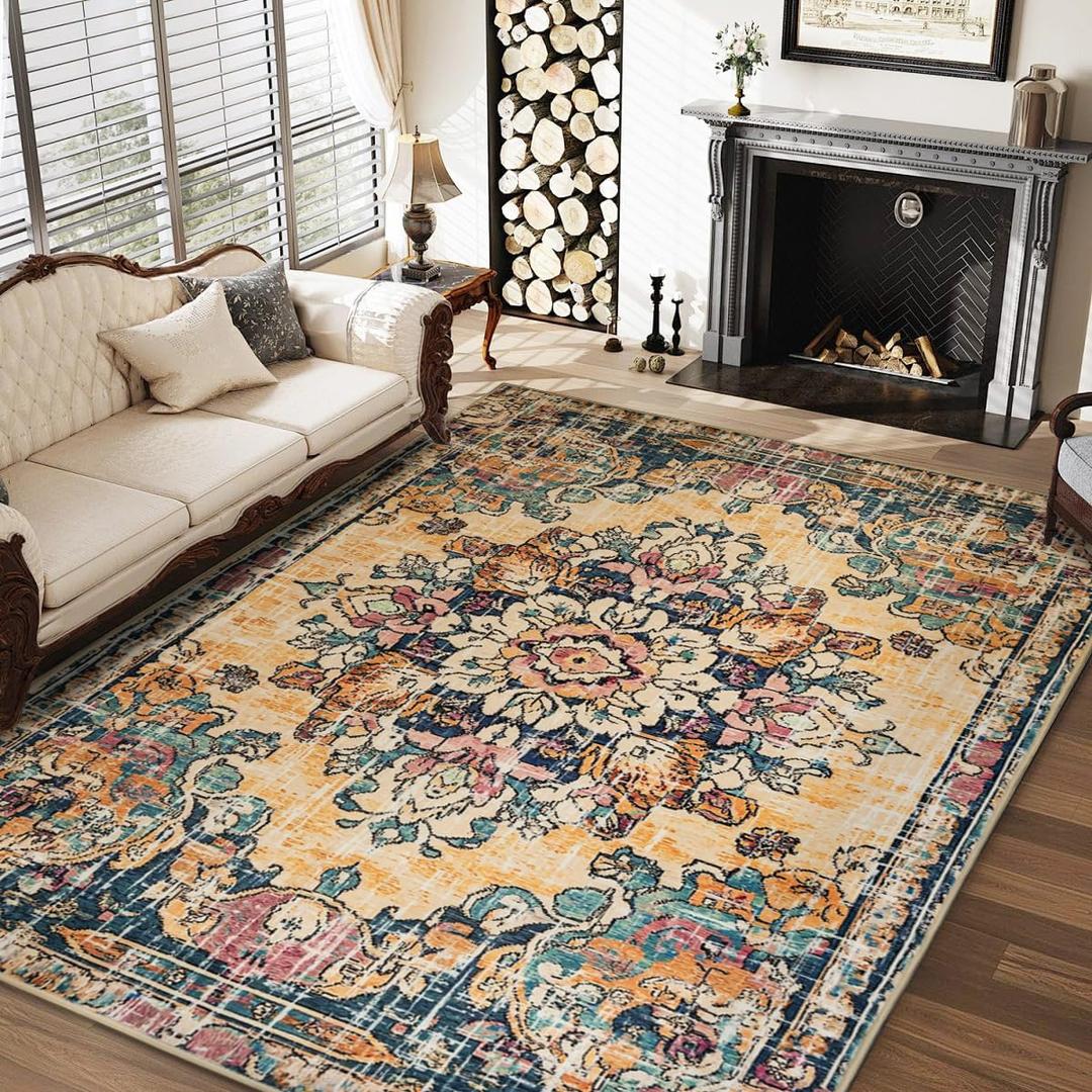 5x7 Boho Area Rug for Living Room,Washable Vintage Area Rugs,Low Pile Soft Floor Carpet,Non-Slip Eco-Friendly Large Rug for Bedroom Kitchen Office,Orange&Cream