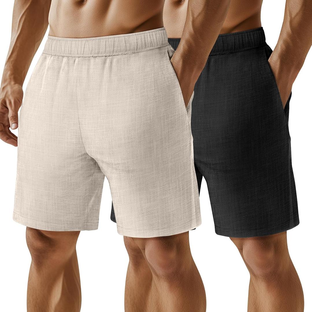Neer 2 Pack Men's Linen Shorts Casual Lightweight Elastic Waist Summer Plus Size Vacation Beach Shorts with Pockets (X-Large, Black, Light Khaki)