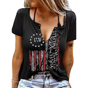We The People 1776 T Shirt American Flag Patriotic Tee Tops for Women 4th of July Ring Hole Short Sleeve Sexy V-Neck Tshirt, XL