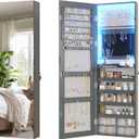 Vlsrka 47.2" LED Grey Jewelry Mirror Cabinet, Wall/Door Mounted Jewelry Armoire Organizer with Full-Length Mirror, Large Capacity Storage Hanging Cabinet, 4 Drawers, 5 Shelves, Built-in Lighted Mirror