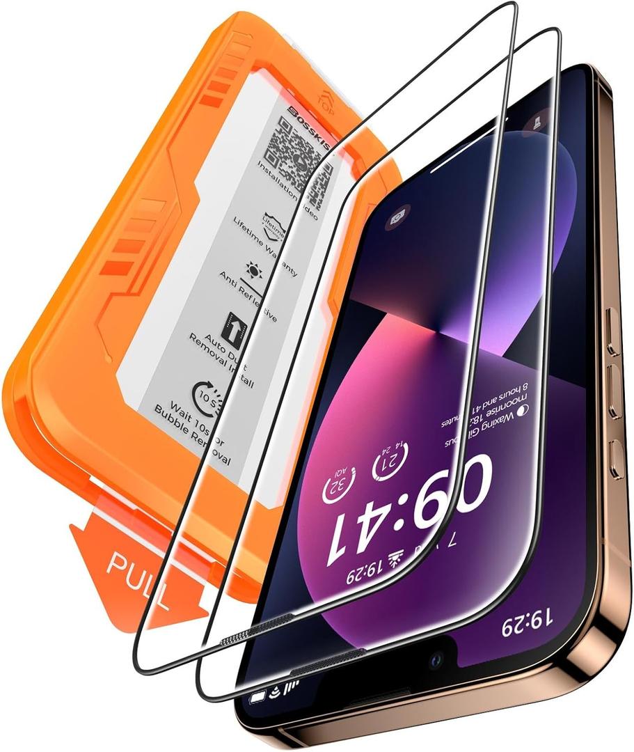 BossKiss for iPhone 13 Pro Max/iPhone 14 Plus Screen Protector 6.7 inch, [TOP 9H+ Hardness] [Military Grade Shatter Protection] [Sensitive Touch] [HD Clear Tempered Glass] Full Coverage Easy Installation 2 Pack