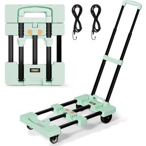 Folding Hand Truck, Dolly Cart with 4 Wheels (2 with Brake) & 2 Elastic Straps, 500 LB Heavy-Duty Trolly Cart for Moving, Travel, Luggage,Shopping, Office Use, Green