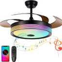 42 inch Modern Retractable Ceiling Fan with Lights and Remote Control, 6Speed Dimmable Fandelier, Smart Ceiling Fan Light with Bluetooth Speaker, RGB Color Reversible Bedroom Living Room Black