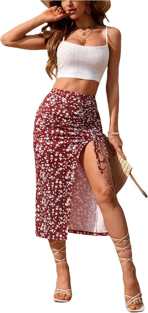 SOLY HUX Women's Summer Two Piece Outfits Cami Tops and Floral Print Drawstring Split Skirt Set, XL