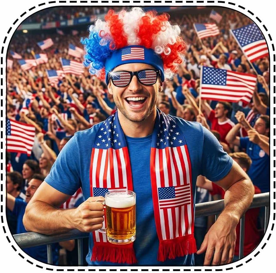 Soccer Fan Costume USA Patriotic Accessories Wig Scarf Glasses Set for Men Women Football Sports Party Supplies Favors