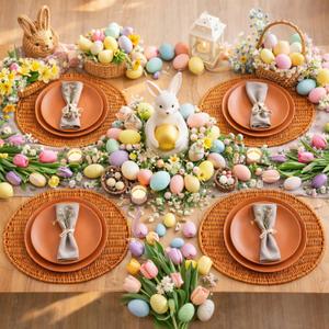 Threehoney Set of 4 Rattan Woven Easter Egg Shaped Placemats Natural Egg Wicker Place Mats Washable Rustic Braided Table Mats for Easter Spring Dining Kitchen Table Decorations Home Party Decoration