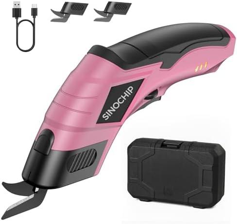 SINOCHIP Electric Scissors for Cardboard Cutting, 3000mAh cell 12000RPM High-Power Box Cutter with Dual Blades & Safety Lock Suitable for fabrics, cardboard, plastics, leather, carpets (pink）