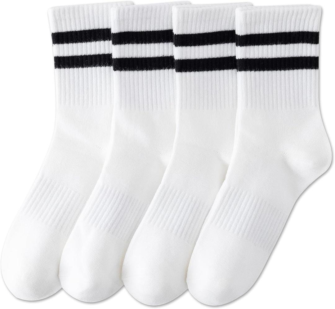 YUWELL Womens Striped Crew Socks, Cotton Cozy Casual Socks for Women 4 Pairs, Size 5-10