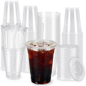 100 Pack 16oz Clear Plastic Cups with Lids and Straws, Leak-Proof Disposable Iced Coffee Cups, BPA-Free Recyclable PET To-Go Cups for Smoothies & Cold Drinks (EXP 11/30/26)