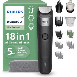 Philips Norelco All-in-One 18-Piece Trimmer 5000 Series - Shaver and Clipper for Face, Hair & Body, Self-sharpening Titanium Coated Blades, 16 Length Settings (0.5-16 mm), Wide Hair Clipper, MG5970/49 (Black)