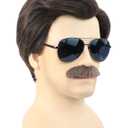 Short Brown Men Wig with Msutache and Sunglasses for 70s 80s Costume Cosplay Halloween Party
